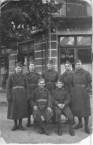 Group of Alsatian Jews in thh Foreign Legion. Solange's father standing second from the left. The soldier seated on the right is Weinberg who is mentioned as the collaborator she and her mother met on the street in Limoges. In spite of his collaboration his family was deported. He was executed by the Resistance at the end of the war.